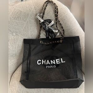 CHANEL Black Mesh Tote with Chain Straps